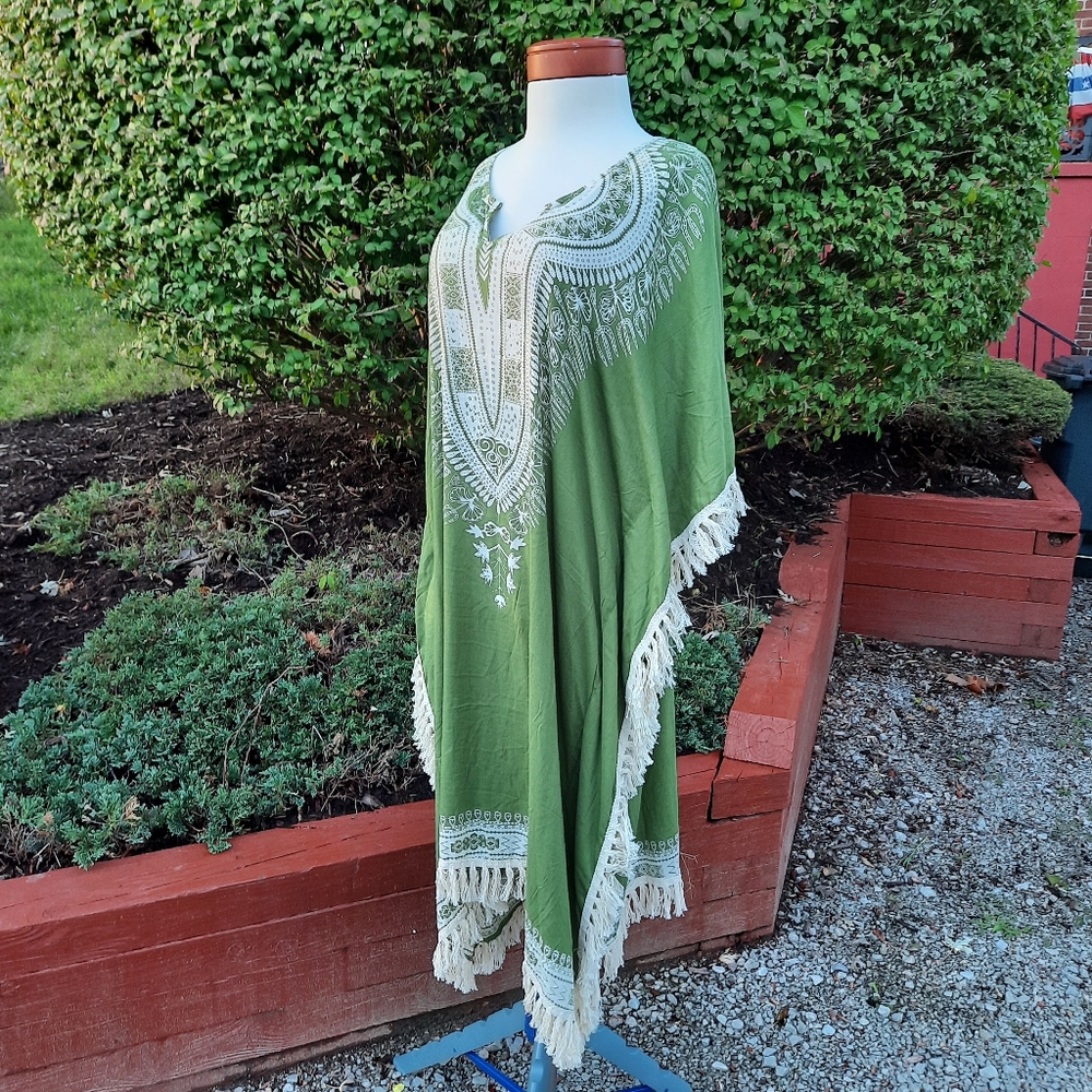 Bohemian Fringe Tribal Print Midi Length Poncho Caftan Kimono Cover Up NEW OS